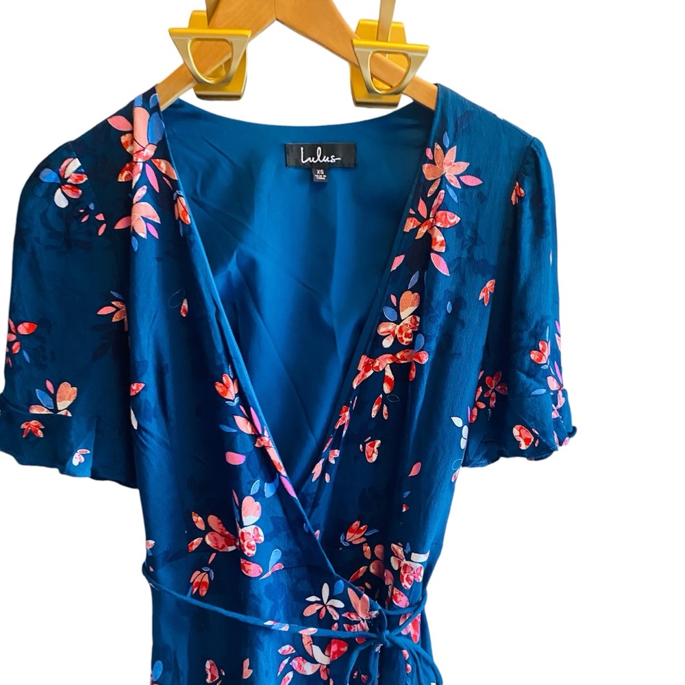 Lulus Dalton Teal Blue Floral Print Ruffled Wrap Dress - Picture 4 of 7